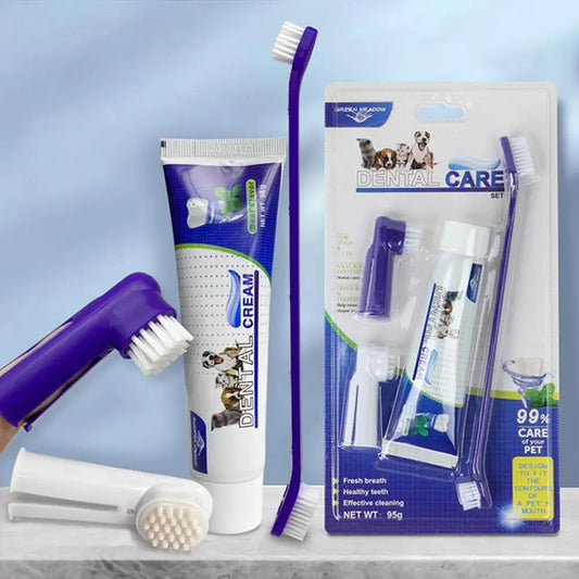 Pets Tartar Control Kit For Dogs Contains Toothpaste Toothbrush And Fingerbrush 4-Piece Dental Care Kit For Pet Teeth Cleaning