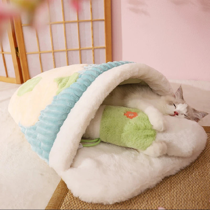 Japanese Sakura Warm Cat Bed Cat Sleeping Bag Deep Sleep Winter Dog House Cats Nest Cushion With Pillow Removable Pet Products